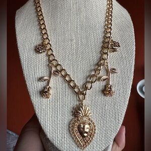Sacred Heart Pendant and Gold Charm Necklace